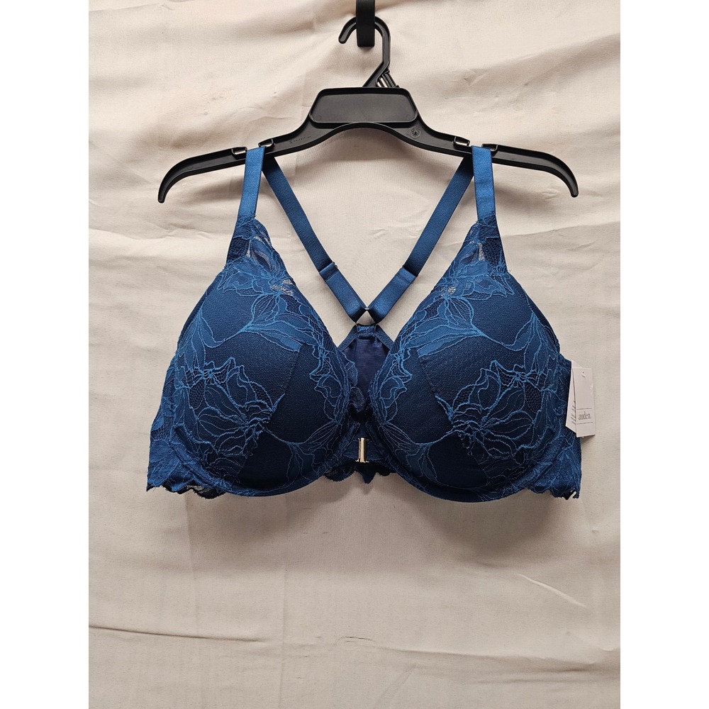Auden Womens Lace Front Close Push Up Plunge Bra Blue Nylon Blend Size 42DD